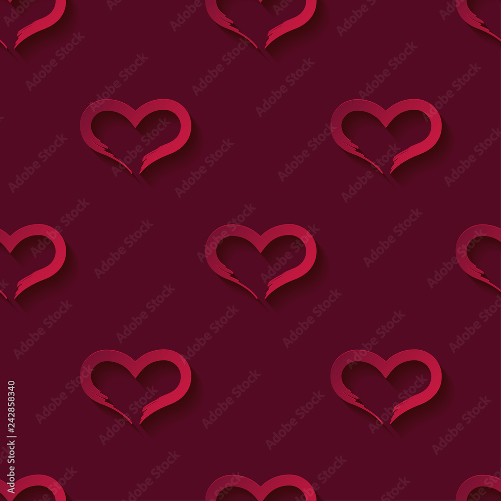Decorative 3D red hearts on red background with shadow. Seamless pattern. Valentine's day. Vector illustration. Can be used for wallpaper, textile, invitation card, web page background.