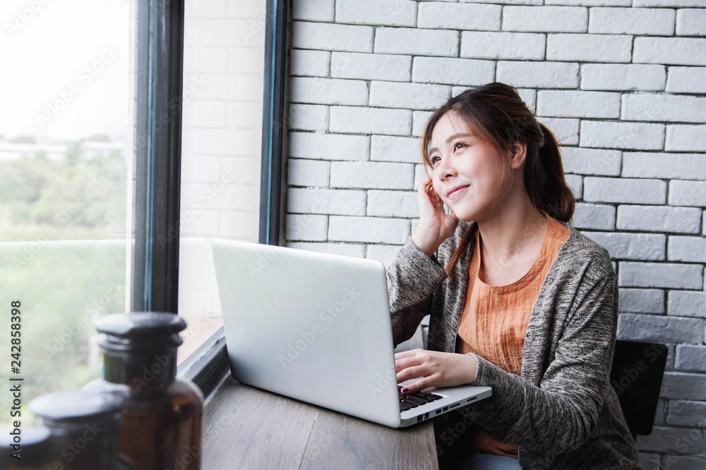 Young Freelancer Woman Working on Computer Laptop in Cozy House, Female in Thoughtful Posture Looking Outside Window, Lifestyle of New Generation People, Dreaming for Success