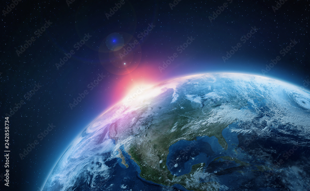 Planet Earth. View from orbit. Bright flash in space against the background of stars. Elements of this image furnished by NASA