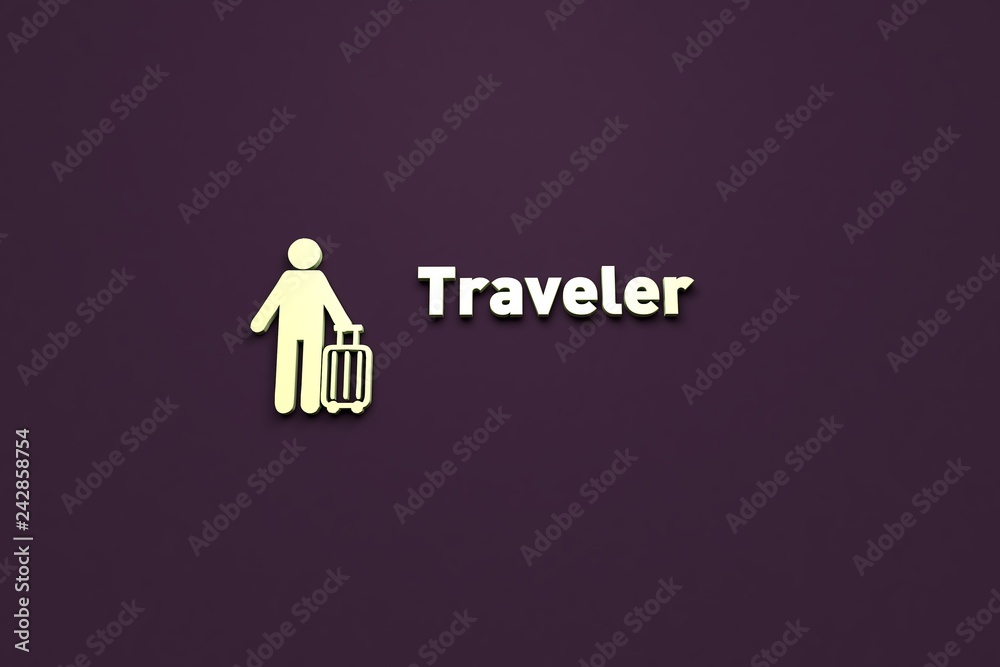 Text Traveler with light-green 3D illustration and violet background Text Traveler with light-green 3D illustration and violet background