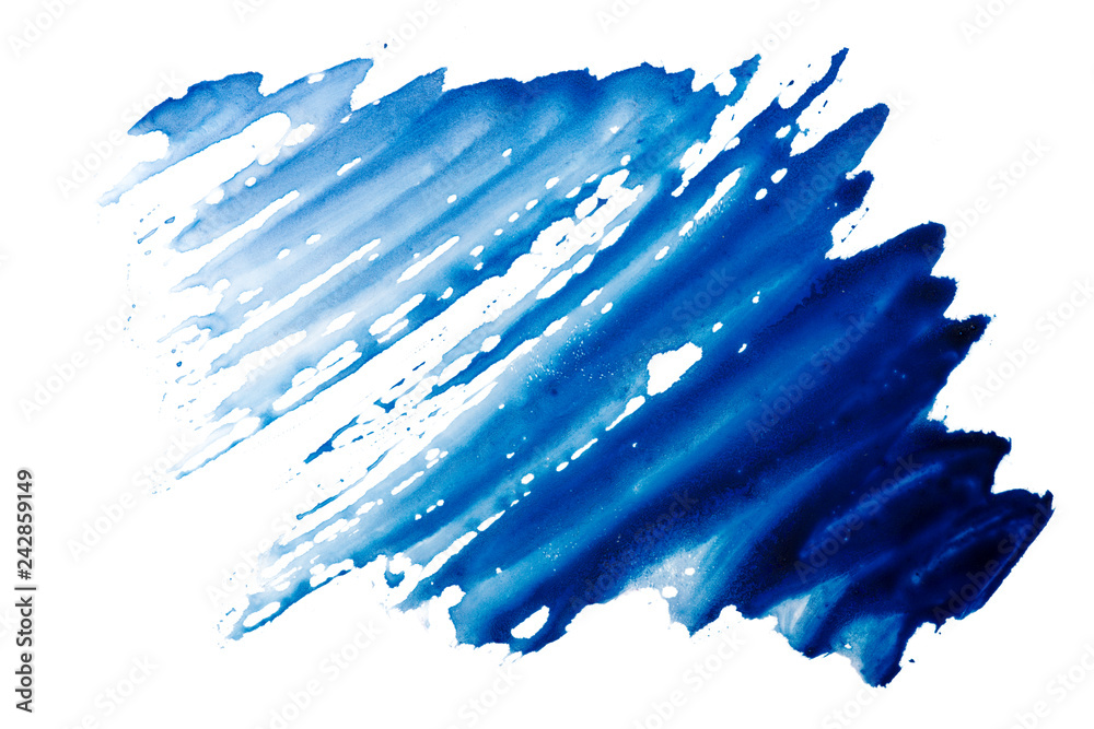 Abstract aquarelle cold color wet brush paint stroke element for print, blank. Colorful watercolor blue paper texture hand drawn isolated stain on white background for text, web, design Abstract aquarelle cold color wet brush paint stroke element for print, blank. Colorful watercolor blue paper texture hand drawn isolated stain on white background for text, web, design