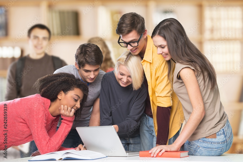 Group of Students with computer at lesson in classroom