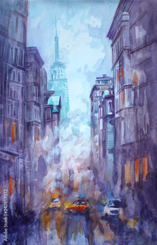 Fototapeta Naklejka Na Ścianę i Meble -  Watercolor and pastel painting of street view of New York, yellow taxi, modern Artwork, American city, illustration New York