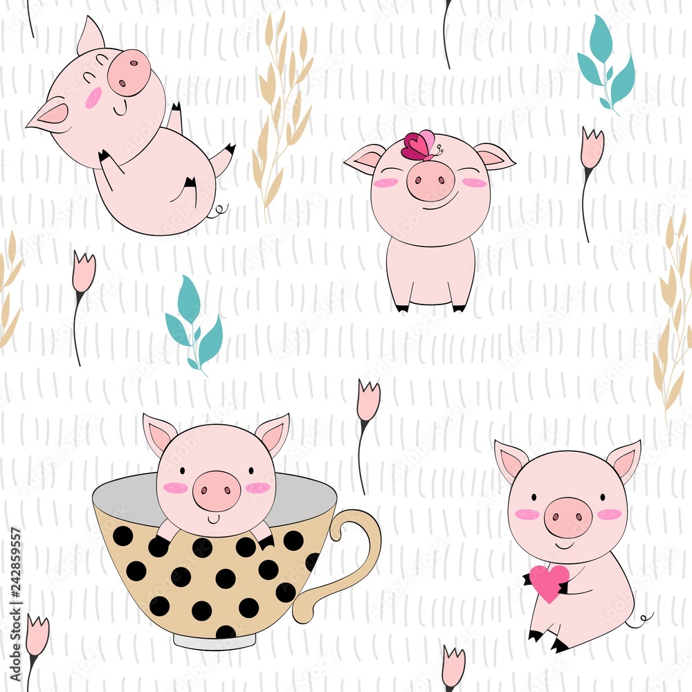 Obraz premium hand drawn vector seamless pattern with pigs.