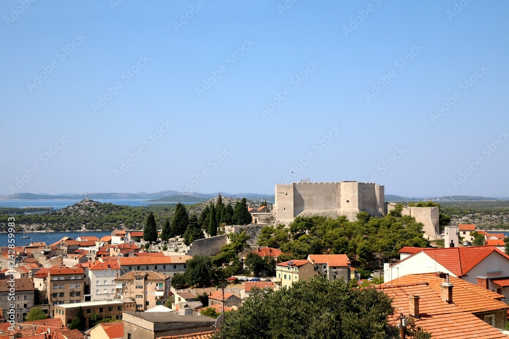 Historic city centre of Sibenik, Croatia with St. Michael's Fortress. Adriatic Sea in the background. View from the Barone Fortress.