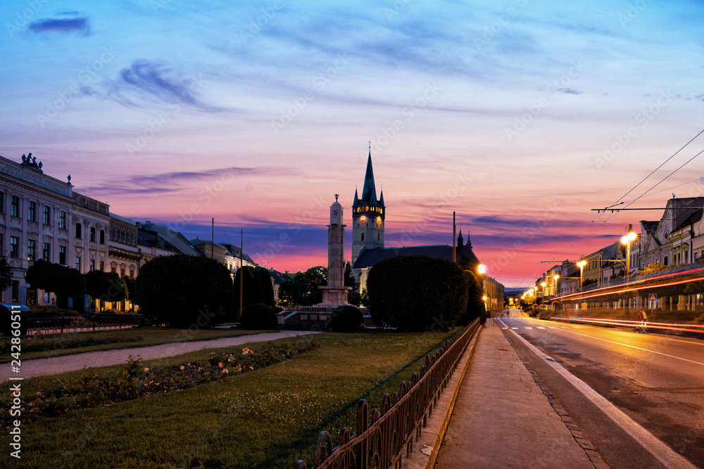 Night view of the central square with Cathedral of Saint Nicholas in Presov. Slovakia, Europe.