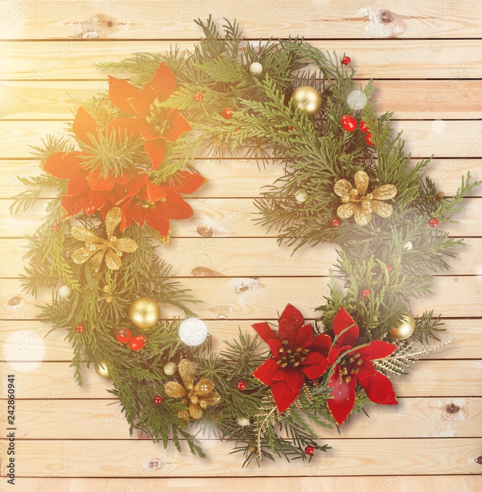 Christmas frame wreath with evergreen fir tree and red and Christmas frame wreath with evergreen fir tree and red and