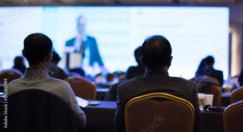 Seminar Audience in Training Room Watch Presentation. Speaker in Meeting at Business Event. Chairs in Room with Audience Who Listen to Speaker. Expert Presenter Giving Talk to People.