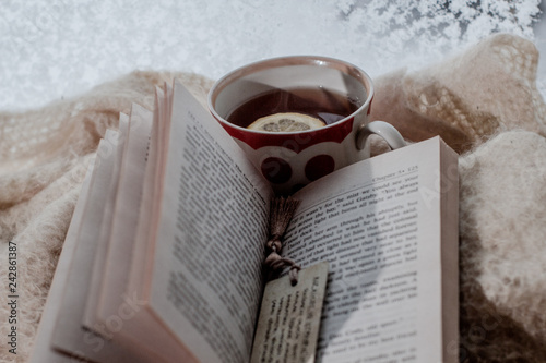 Warm cup of tea with book near the window