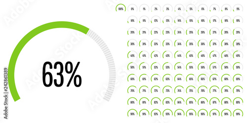 Set of circular sector percentage diagrams (meters) from 0 to 100 ready-to-use for web design, user interface (UI) or infographic - indicator with green