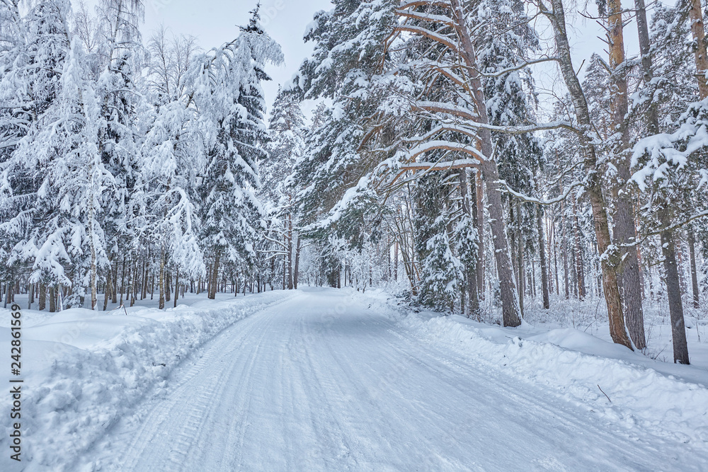 Wooden Finnish house in winter forest covered with snow Wooden Finnish house in winter forest covered with snow