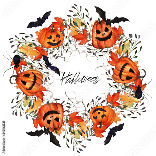 Halloween, watercolor, handmade,pumpkins and autumn leaves,bats and spiders,wreath, card for you