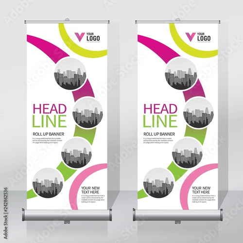 Roll up banner design template, vertical, abstract background, pull up design, modern x-banner, rectangle size. 