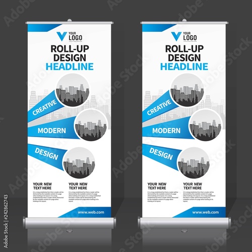 Roll up banner design template, vertical, abstract background, pull up design, modern x-banner, rectangle size. 
