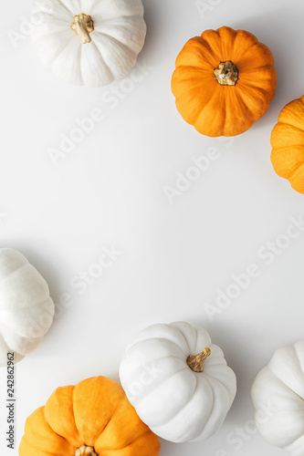 White and orange pumpkins on a white background, creative flat lay thanksgiving concept, top view with copy space