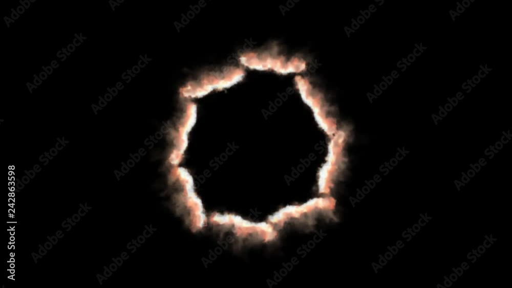 Animated top view of a ring of fire formed by burning eight separate thick lines as if burning flammable fuel or material in narrow container. Black background, mask included. Animated top view of a ring of fire formed by burning eight separate thick lines as if burning flammable fuel or material in narrow container. Black background, mask included.