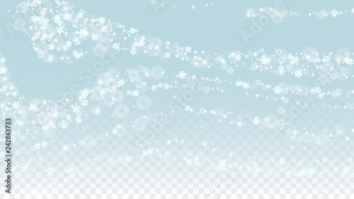 Christmas  Vector Background with White Falling Snowflakes Isolated on Transparent Background. Realistic Snow Sparkle Pattern. Snowfall Overlay Print. Winter Sky. Design for Party Invitation.