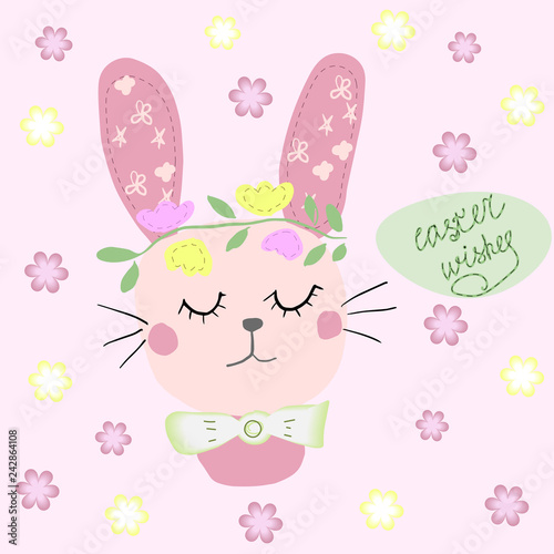 Hand drawn cartoon style easter bunny greeting card with Easter Wishes text- Vector illustration