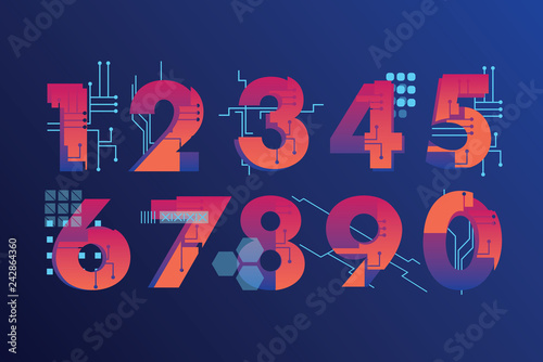 Futuristic, illustrated numbers in industrial style with vibrant gradient colors