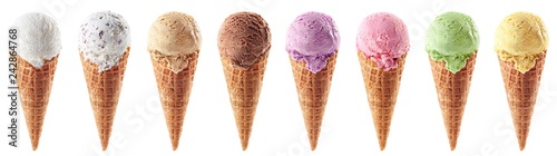 Fotografija Set of various ice cream scoops in waffle cones