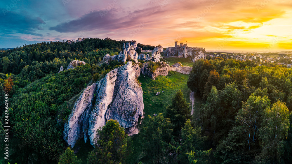 An epic panorama of medieval castle ruins located in Ogrodzieniec, Poland