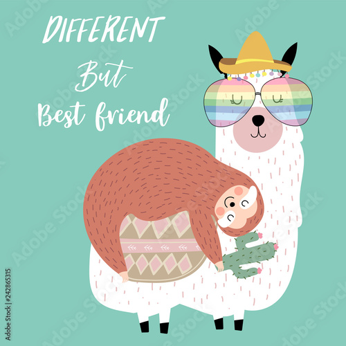 Hand drawn cute card with sloth,friend,watermelon,tree,llama,bed,moon and airplane.Different but best friend