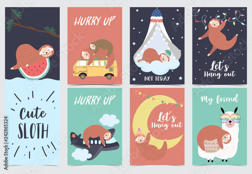 Hand drawn cute card with sloth,orange,watermelon,tree,llama,bed,moon and airplane