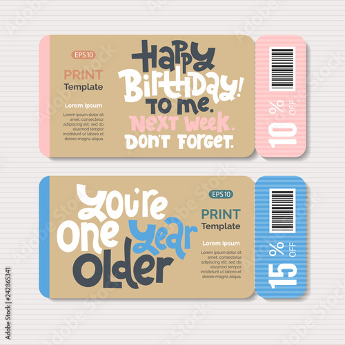Promotional coupon design template with hand drawn lettering, slogan stylized typography. 