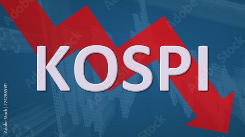 The Korea Composite Stock Price Index or KOSPI is falling. The red zig-zag arrow behind the word KOSPI on a blue background with a stock market chart shows downwards, symbolizing a price fall or drop.