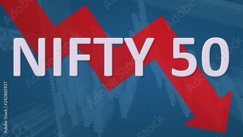 The stock market index NIFTY 50, National Stock Exchange of India, is falling. The red zig-zag arrow behind the word NIFTY 50 on a blue background with a chart shows downwards, symbolizing a drop.