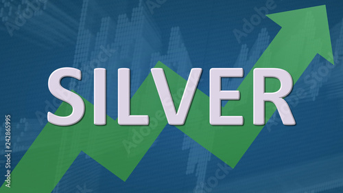 The price of the commodity silver is going up. A green zig-zag arrow behind the word silver on a blue background with a chart shows upwards, symbolizing a price rise or growth of the precious metal.