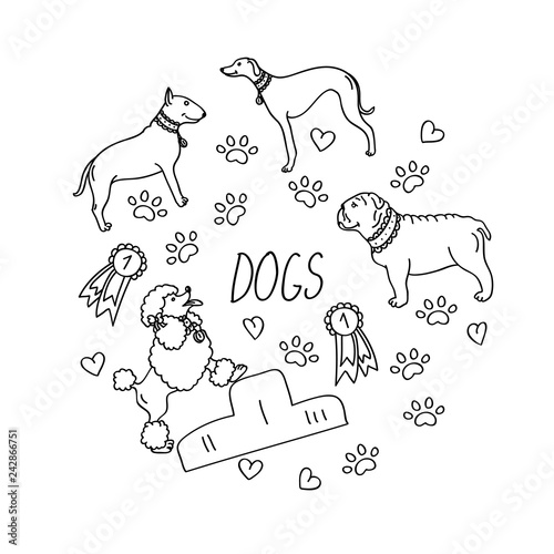 Set of design elements - dog breeds, awards, heart