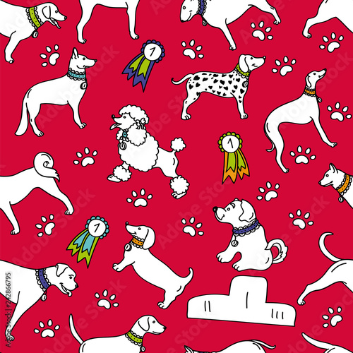 Seamless breeds dog pattern isolated on red background