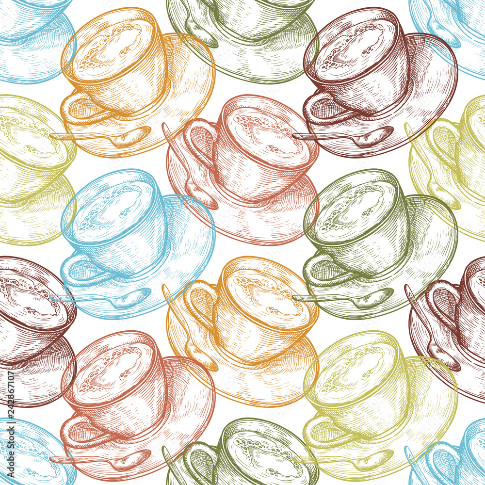 Hand Drawn food seamless pattern, Cup of hot drink Hand Drawn food seamless pattern, Cup of hot drink
