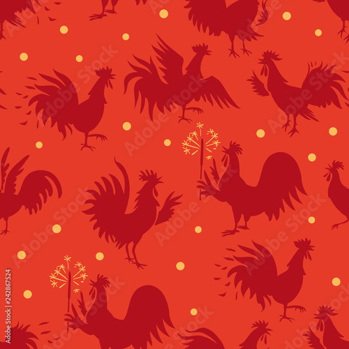 Seamless pattern with roosters in different poses