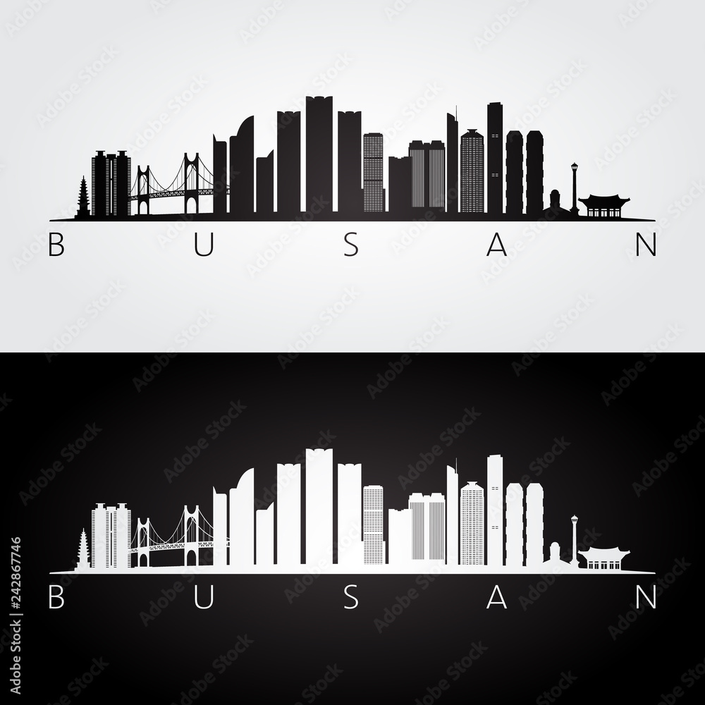 Busan skyline and landmarks silhouette, black and white design, vector illustration.