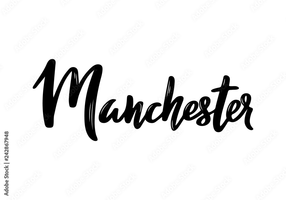 Manchester - hand drawn lettering name of United Kingdom city. Handwritten inscription. Vector illustration.
