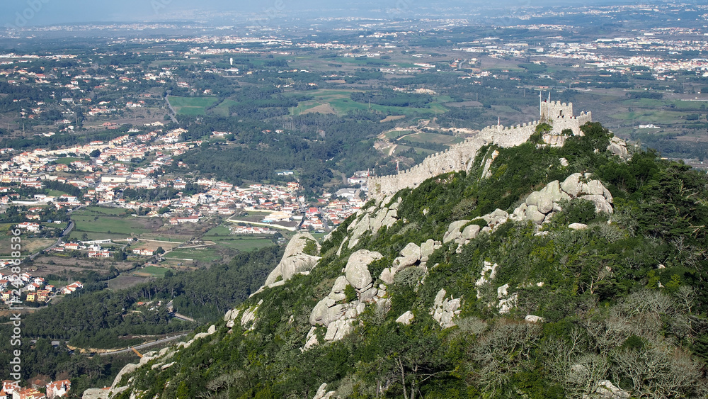 Fototapeta premium Paranomic aerial view of the Castle of the Moors, Sintra, Lisbon, Portugal