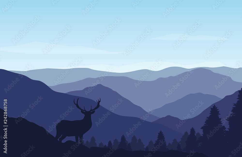 Beautiful mountain and forest landscape on sunny day. Vector Illustration