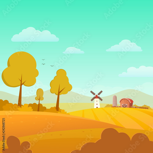 Autumn Landscape with Farm on Sunny Day