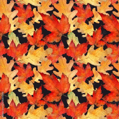 autumn leaves  watercolor  handmade  maple and oak leaves seamless pattern  black background