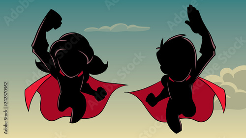 Silhouette illustration of super boy and super girl flying high in the sky side by side.