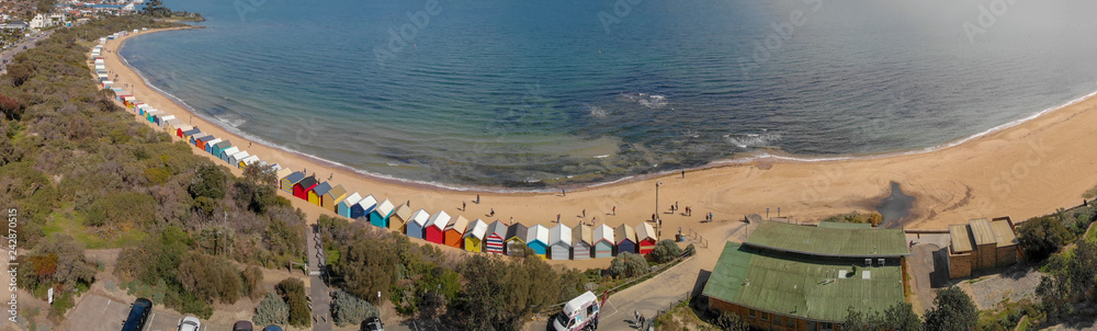 Brighton Beach's Beach Boxes, aerial panoramic view in winter Brighton Beach's Beach Boxes, aerial panoramic view in winter