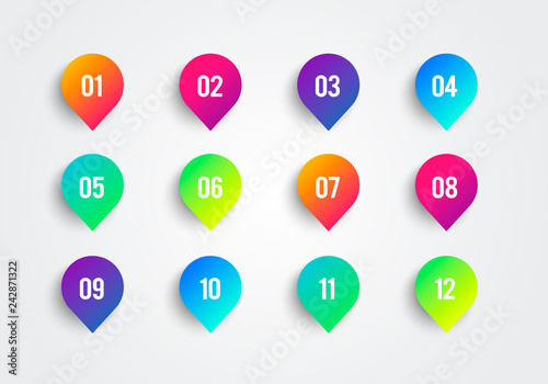Vector Arrow Bullet Point Colorful Gradient 3d Markers With Number 1 To 12 