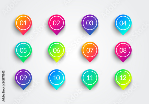 Vector Arrow Bullet Point Colorful Gradient 3d Markers With Number 1 To 12 