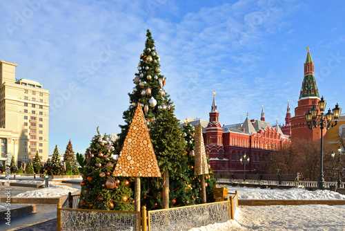 Fototapeta Naklejka Na Ścianę i Meble -  Christmas trees near Kremlin on Manege square. Moscow, Russia