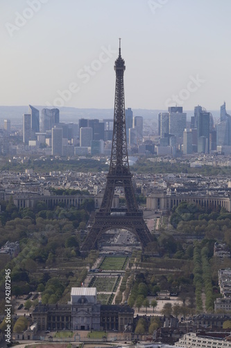 Close up top view of the streets and buildings of Paris and the Eiffile Tower