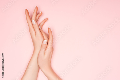cropped view of female hands isolated on pink