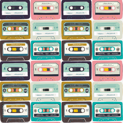 Flat style cassette tapes seamless pattern