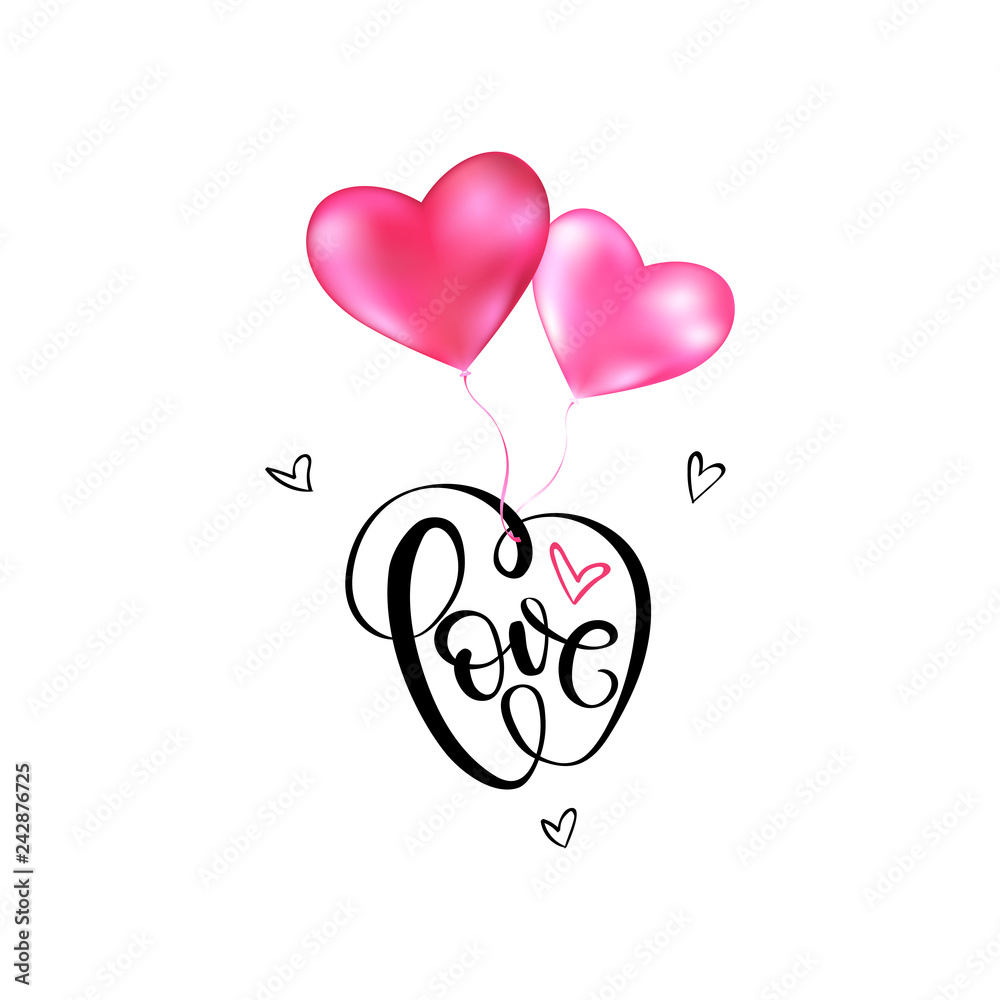 Love lettering with flying pink heart balloons 